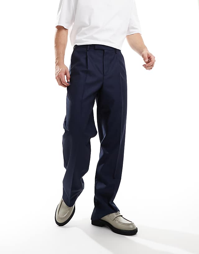 asos ASOS DESIGN smart wide leg trouser with front pleat in navy