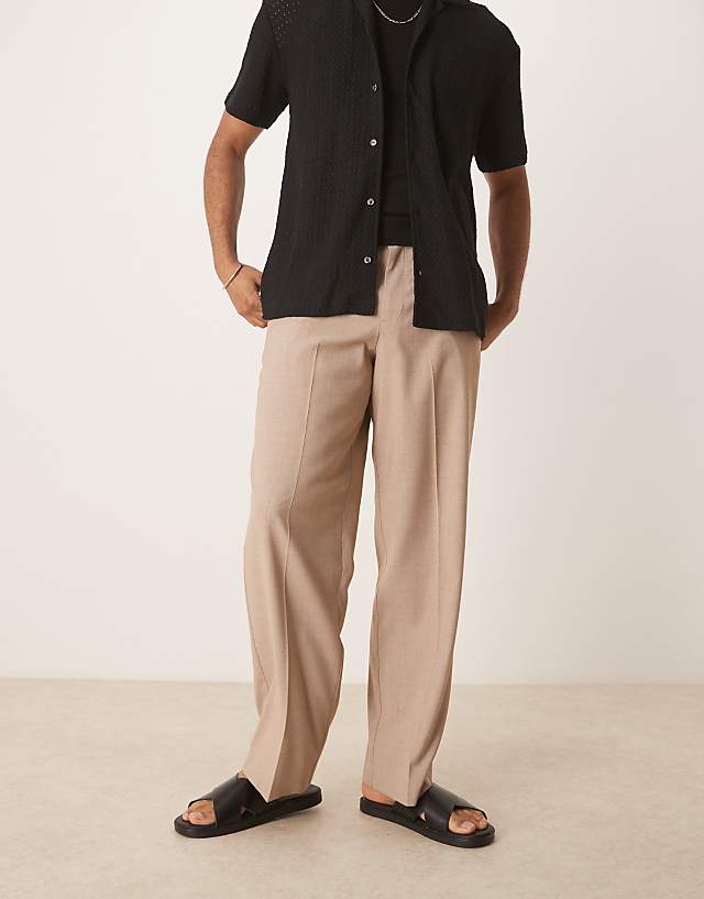 asos ASOS DESIGN smart wide leg trouser with front pleat in beige melange