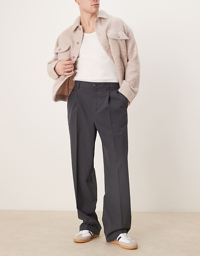 asos ASOS DESIGN smart wide leg trousers in charcoal with elasticated waist