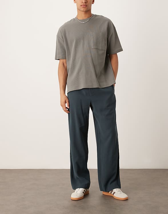 asos ASOS DESIGN smart wide leg trousers in dark blue with elasticated waist and side stripes