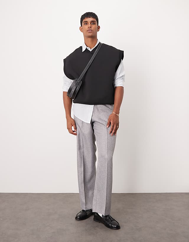 Asos ASOS DESIGN Smart Wide Leg Trousers In Light Grey Herringbone