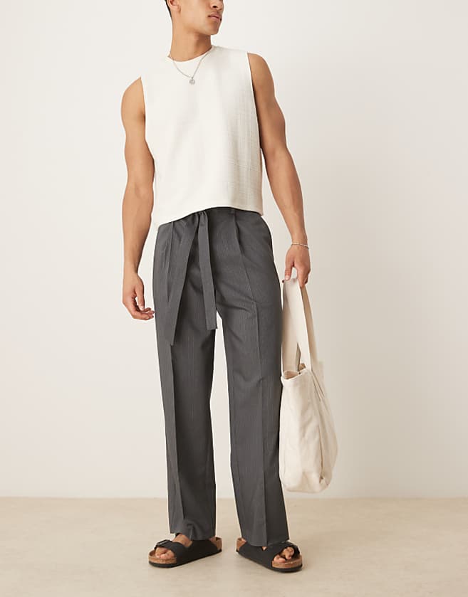 asos ASOS DESIGN smart wide leg trousers with belt detail and front pleat in charcoal pinstripe