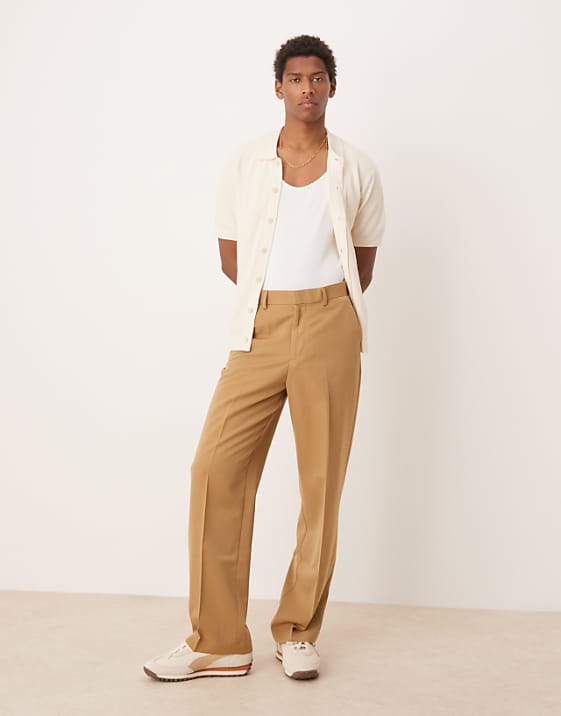 asos ASOS DESIGN smart wide leg trousers with carpenter pocket in camel