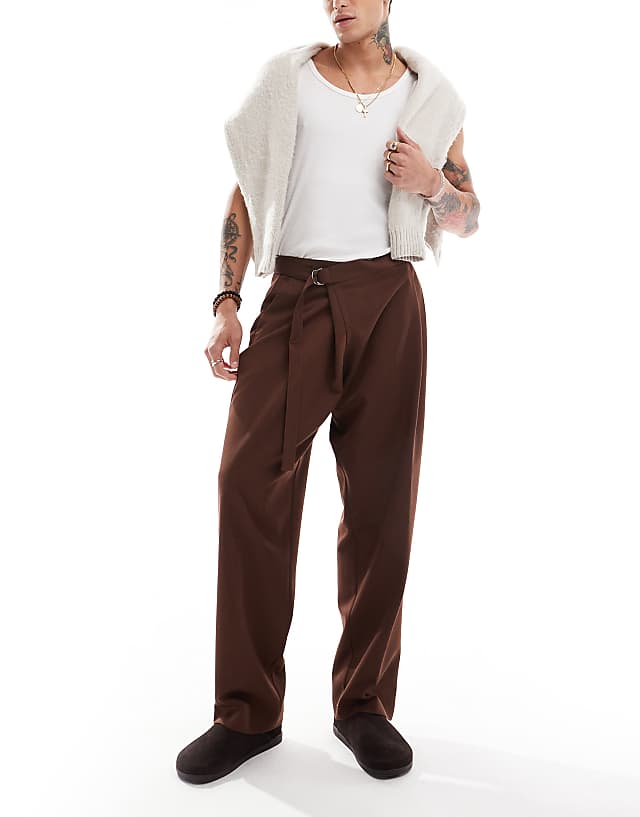 Asos ASOS DESIGN Smart Wide Leg Trousers With Crossover Side Belt In Brown