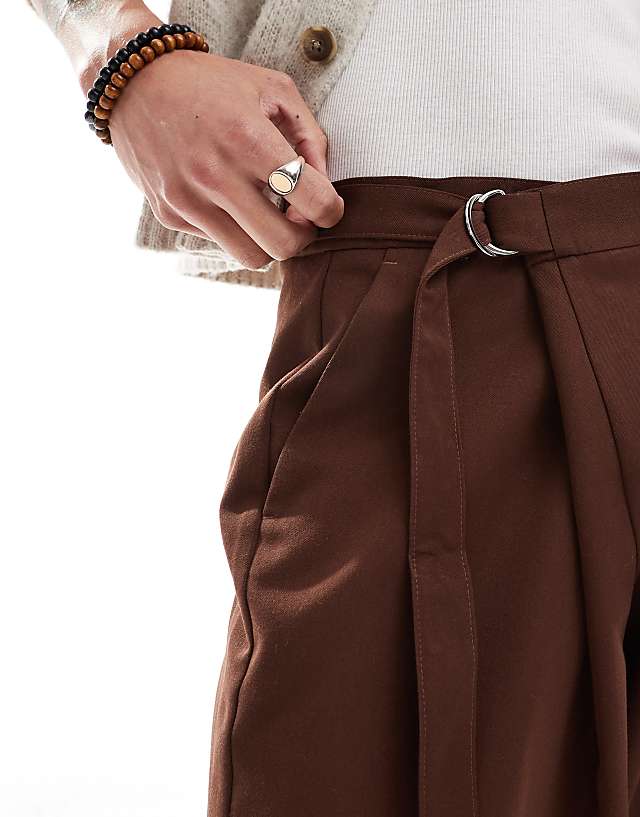 Asos ASOS DESIGN Smart Wide Leg Trousers With Crossover Side Belt In Brown