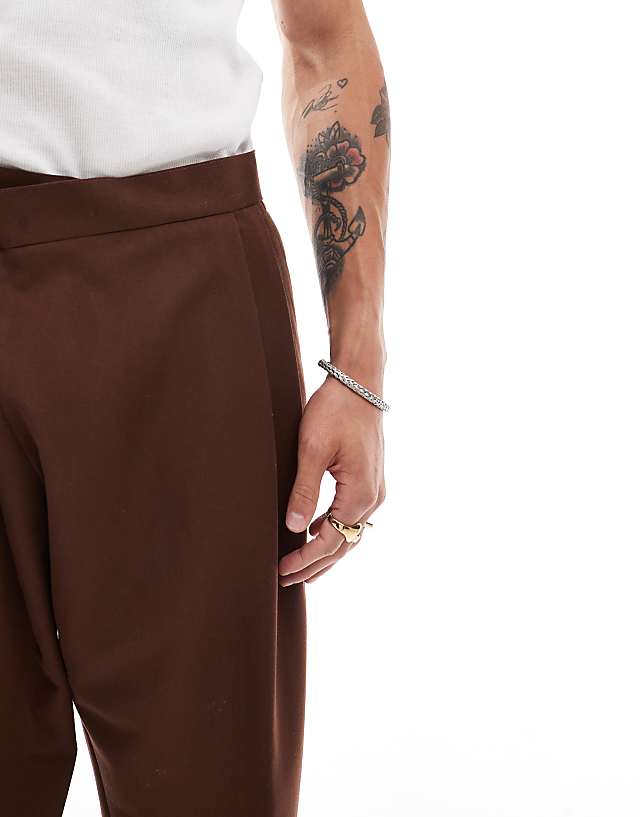 Asos ASOS DESIGN Smart Wide Leg Trousers With Crossover Side Belt In Brown