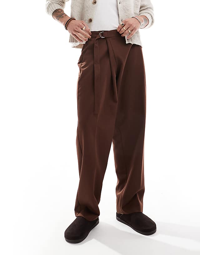asos ASOS DESIGN smart wide leg trousers with crossover side belt in brown