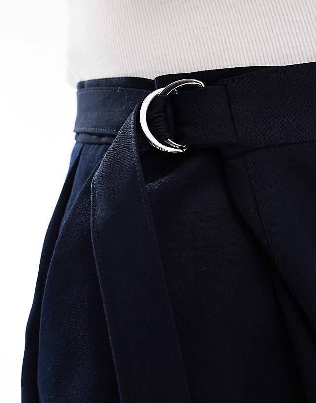 Asos ASOS DESIGN Smart Wide Leg Trousers With Crossover Side Belt In Navy