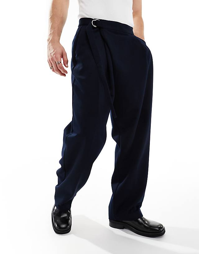 Asos ASOS DESIGN Smart Wide Leg Trousers With Crossover Side Belt In Navy