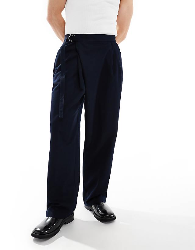 asos ASOS DESIGN smart wide leg trousers with crossover side belt in navy