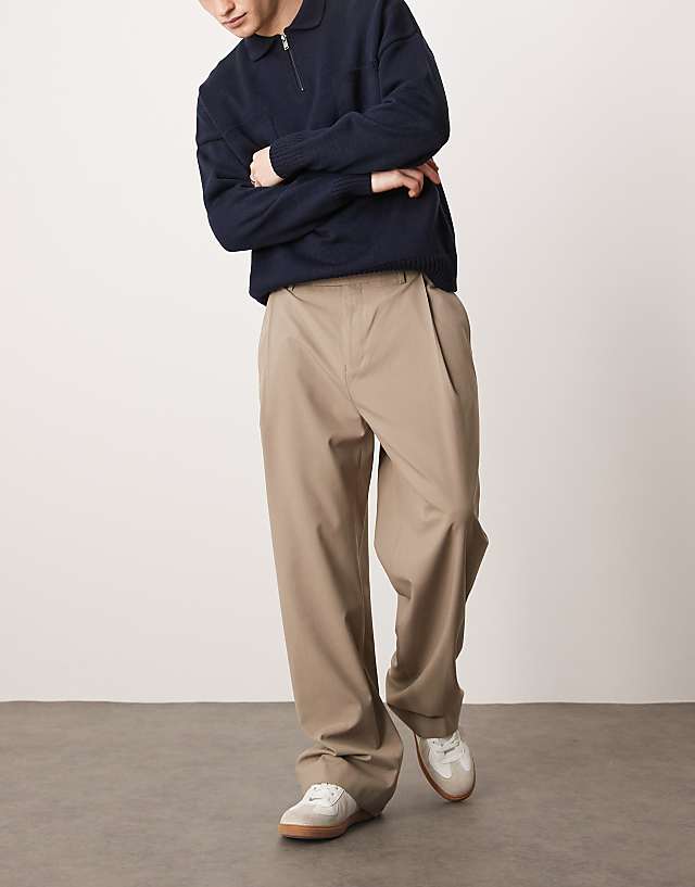 Asos ASOS DESIGN Smart Wide Leg Trousers With Deep Pleat In Stone