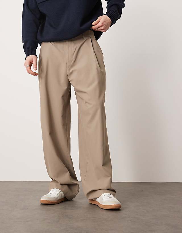 asos ASOS DESIGN smart wide leg trousers with deep pleat in stone