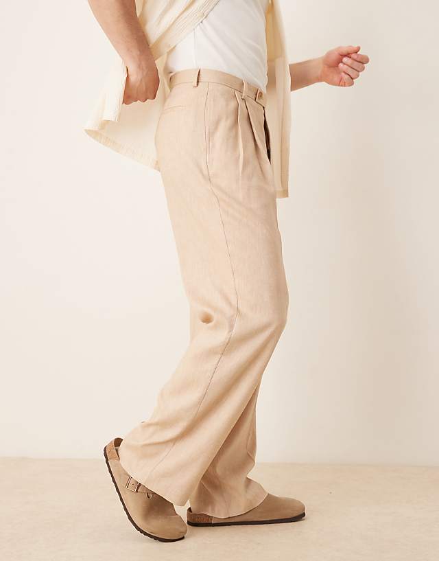 Asos ASOS DESIGN Smart Wide Leg Trousers With Double Front Pleats In Beige Microtexture