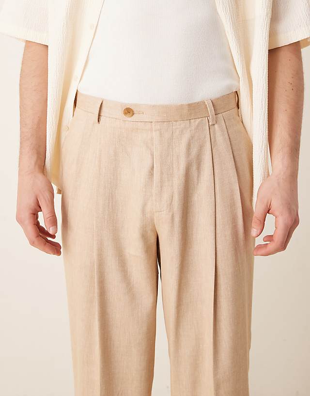 Asos ASOS DESIGN Smart Wide Leg Trousers With Double Front Pleats In Beige Microtexture