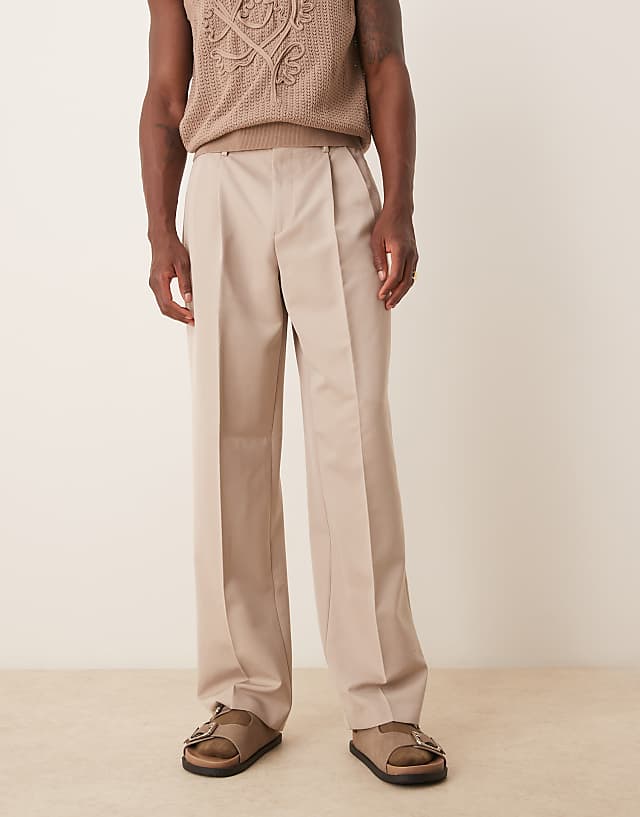 Asos ASOS DESIGN Smart Wide Leg Trousers With Double Pleats In Stone