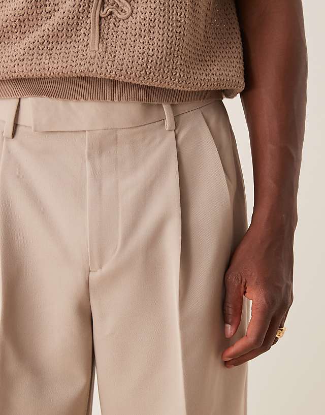 Asos ASOS DESIGN Smart Wide Leg Trousers With Double Pleats In Stone
