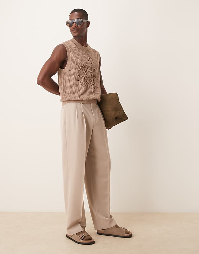 asos ASOS DESIGN smart wide leg trousers with double pleats in stone