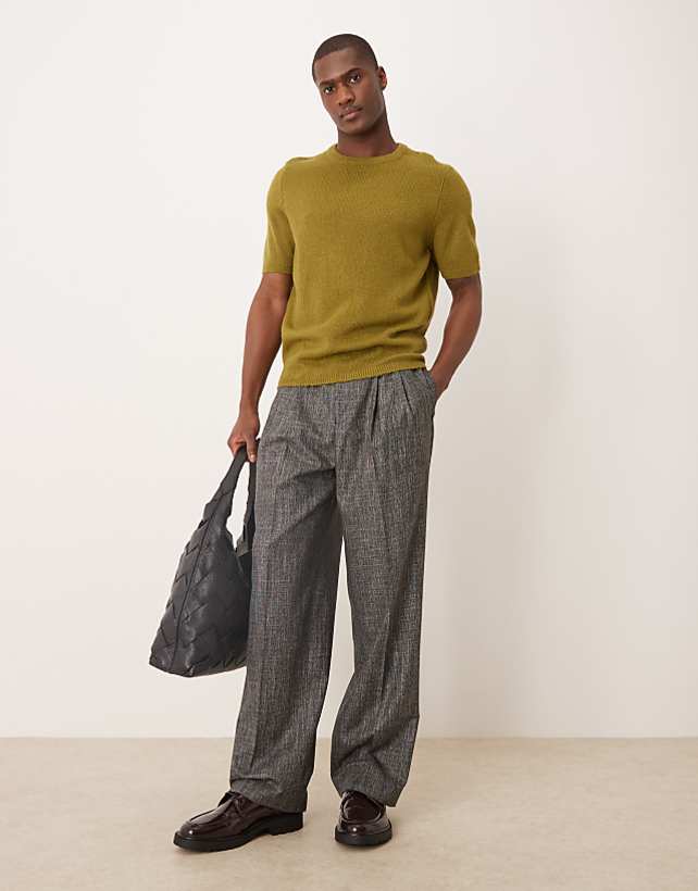 asos ASOS DESIGN smart wide leg trousers with double pleats in salt & pepper