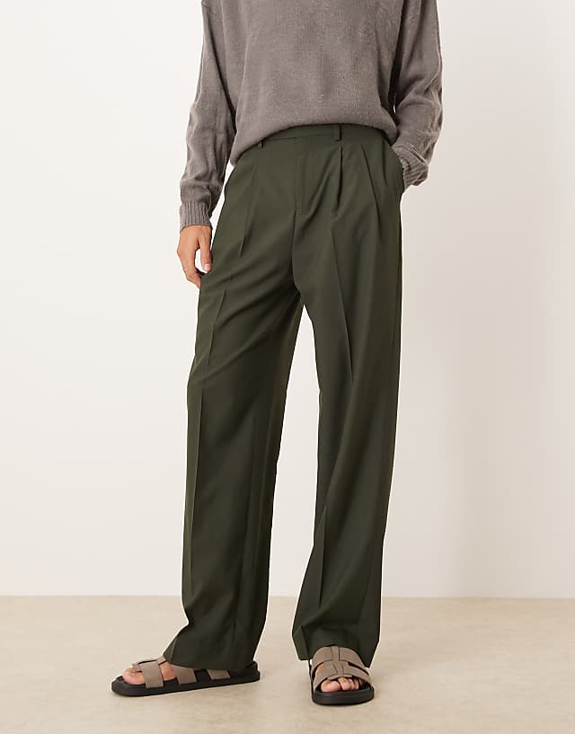 Asos ASOS DESIGN Smart Wide Leg Trousers With Double Pleats In Green