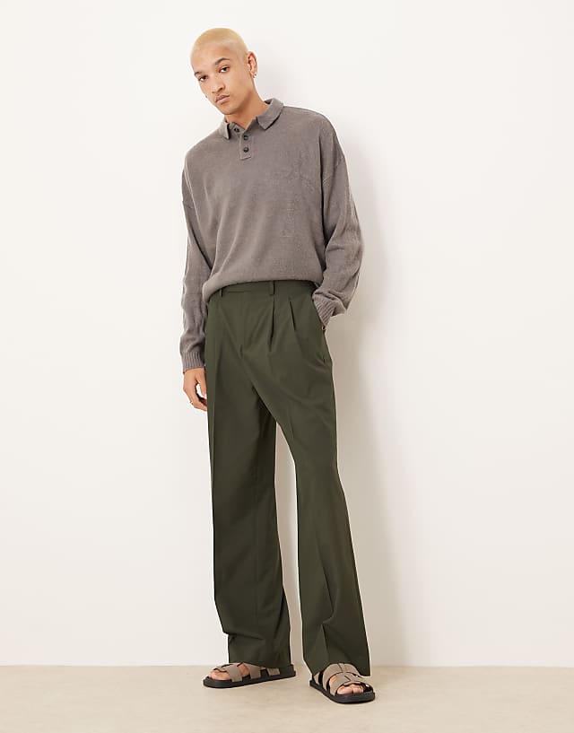 asos ASOS DESIGN smart wide leg trousers with double pleats in green