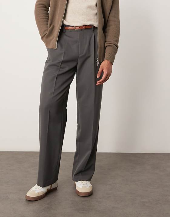 asos ASOS DESIGN smart wide leg trousers with double pleats in charcoal