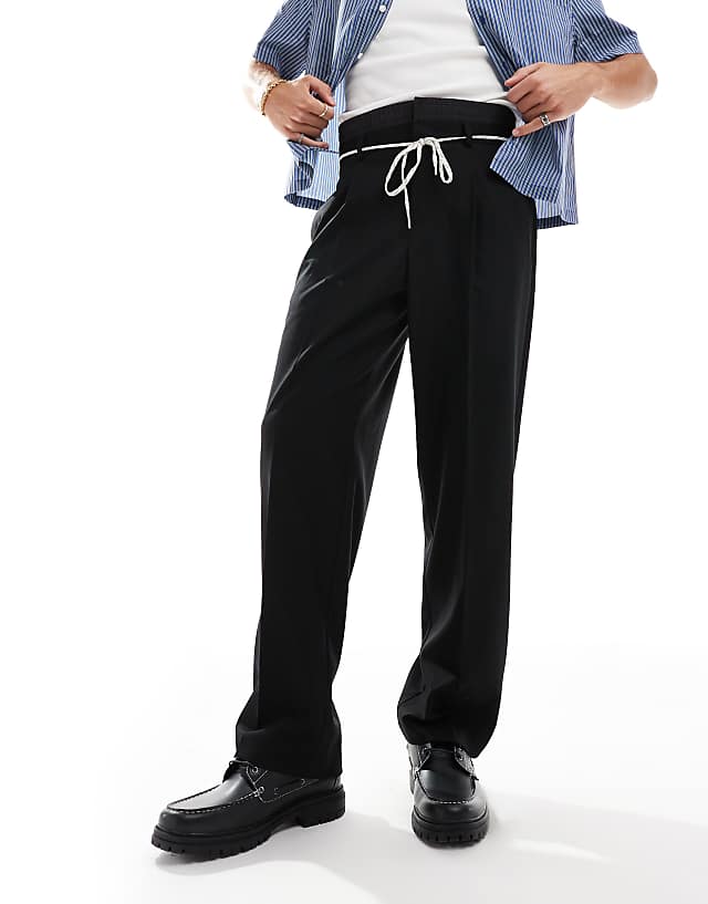 Asos ASOS DESIGN Smart Wide Leg Trousers With Double Waistband Detail In Charcoal