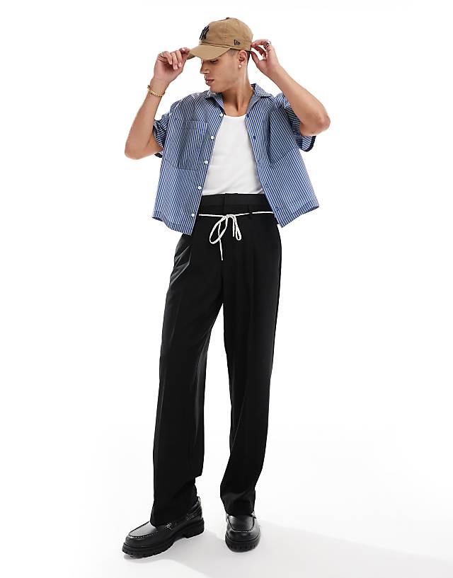 asos ASOS DESIGN smart wide leg trousers with double waistband detail in charcoal