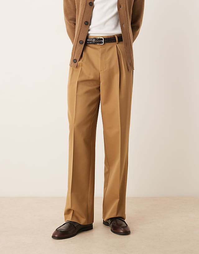 asos ASOS DESIGN smart wide leg trousers with front box pleat in camel