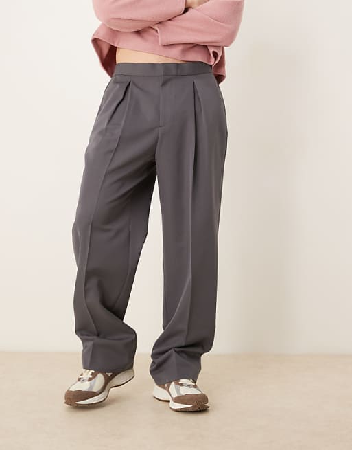 Asos ASOS DESIGN Smart Wide Leg Trousers With Front Inverted Pleats In Grey With Elasticated Waist