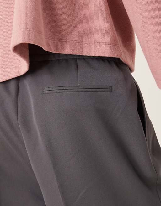 Asos ASOS DESIGN Smart Wide Leg Trousers With Front Inverted Pleats In Grey With Elasticated Waist