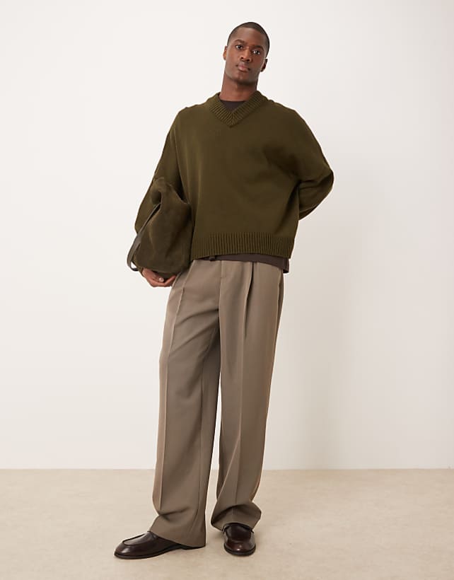 asos ASOS DESIGN smart wide leg trousers with front inverted pleats and elasticated waistband in mink