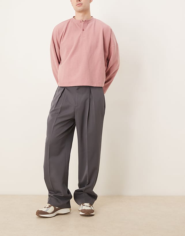 asos ASOS DESIGN smart wide leg trousers with front inverted pleats in grey with elasticated waist