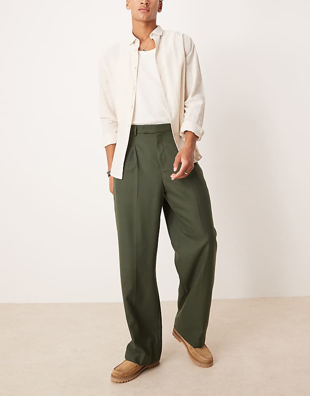 Asos ASOS DESIGN Smart Wide Leg Trousers With Front Pleats In Green Brushed Fabric