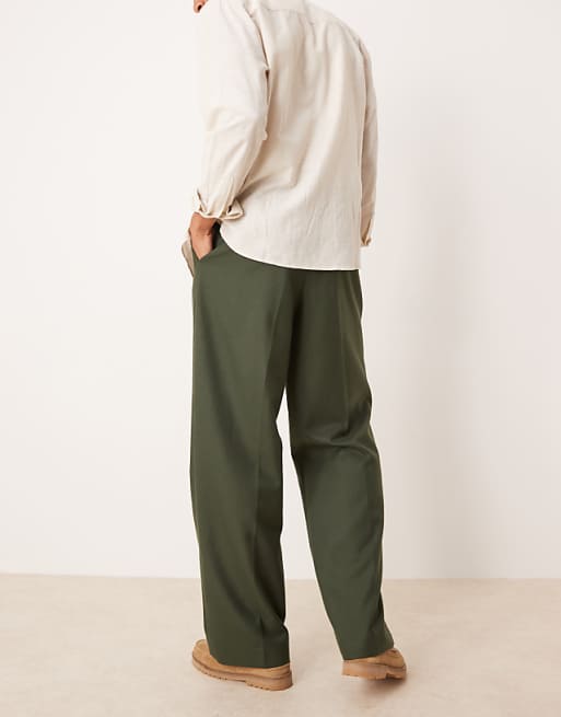 Asos ASOS DESIGN Smart Wide Leg Trousers With Front Pleats In Green Brushed Fabric