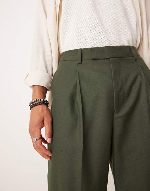 Asos ASOS DESIGN Smart Wide Leg Trousers With Front Pleats In Green Brushed Fabric