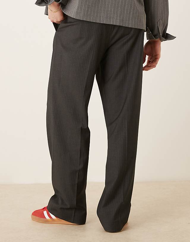Asos ASOS DESIGN Smart Wide Leg Trousers With Front Pleat In Charcoal Pinstripe With Elasticated Waist