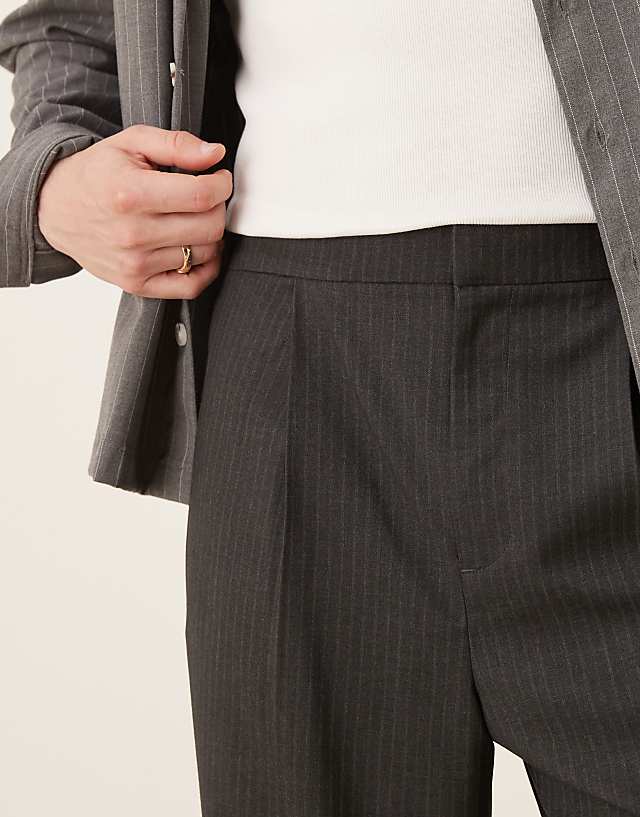 Asos ASOS DESIGN Smart Wide Leg Trousers With Front Pleat In Charcoal Pinstripe With Elasticated Waist