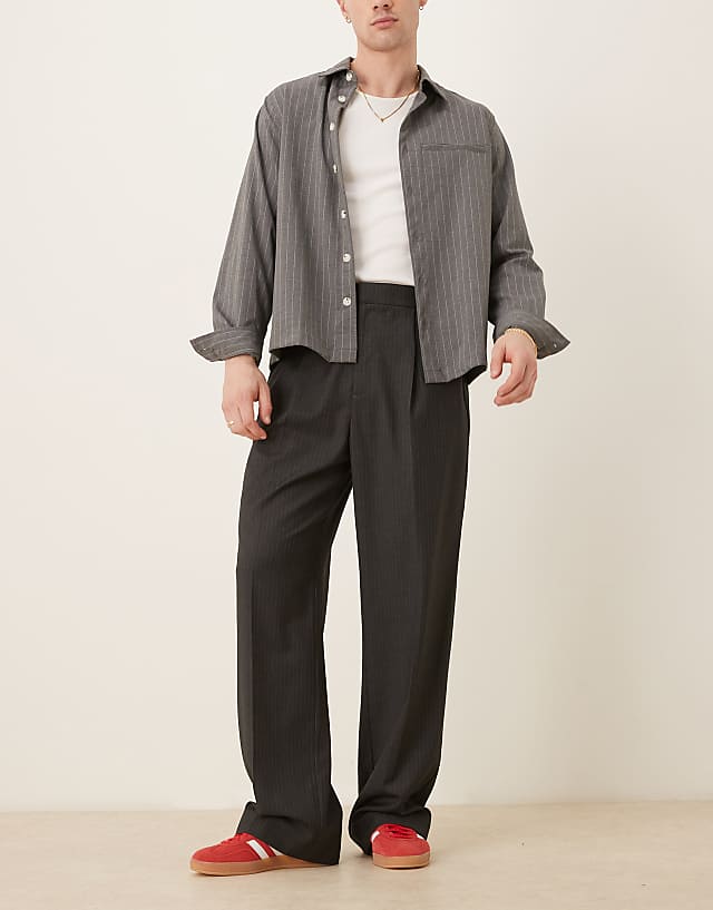 asos ASOS DESIGN smart wide leg trousers with front pleat in charcoal pinstripe with elasticated waist