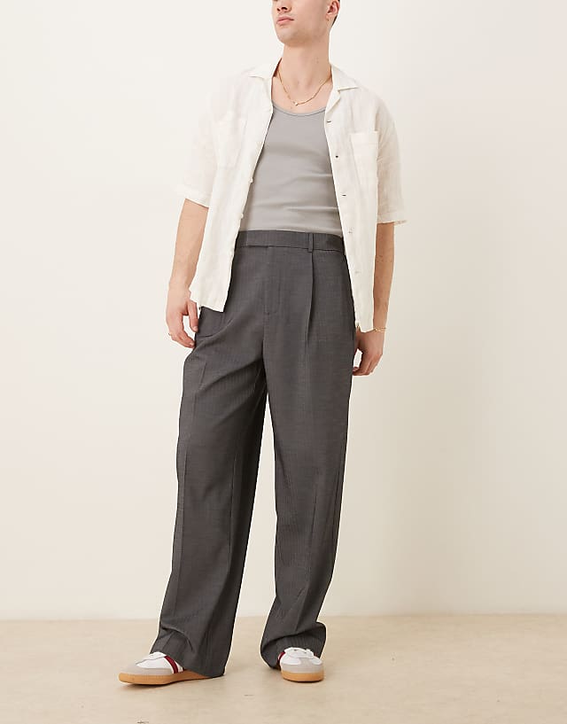 asos ASOS DESIGN smart wide leg trousers with front pleat in grey herringbone with elasticated waist