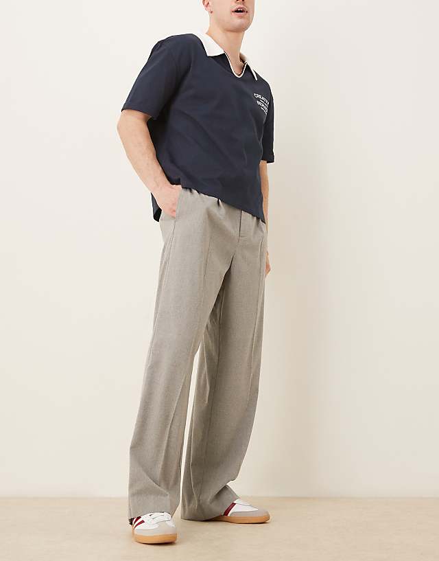 Asos ASOS DESIGN Smart Wide Leg Trousers With Front Pleat In Wool Look Light Grey With Elasticated Waist