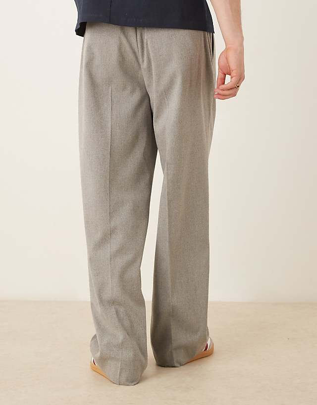 Asos ASOS DESIGN Smart Wide Leg Trousers With Front Pleat In Wool Look Light Grey With Elasticated Waist
