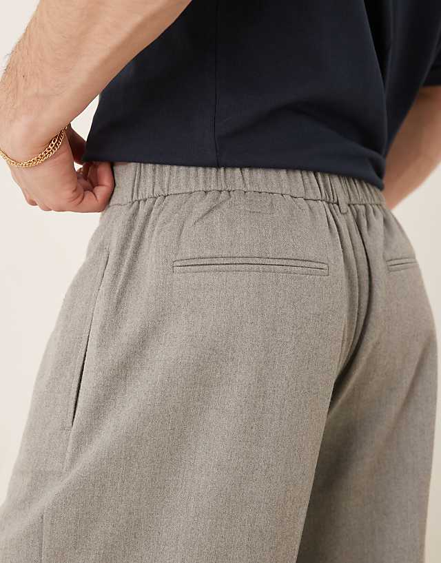Asos ASOS DESIGN Smart Wide Leg Trousers With Front Pleat In Wool Look Light Grey With Elasticated Waist