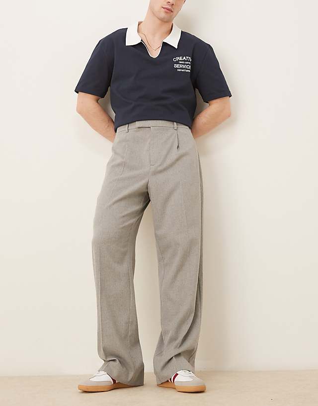 asos ASOS DESIGN smart wide leg trousers with front pleat in wool look light grey with elasticated waist
