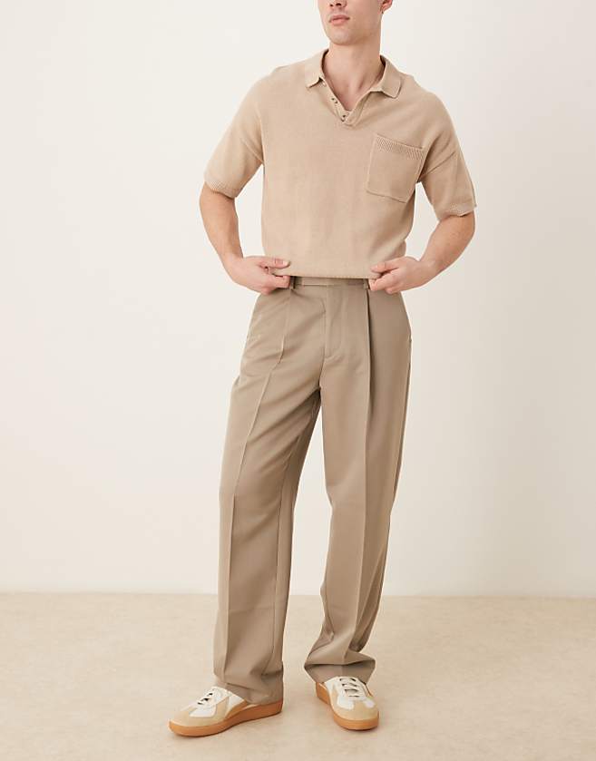 asos ASOS DESIGN smart wide leg trousers with front pleat in dark stone
