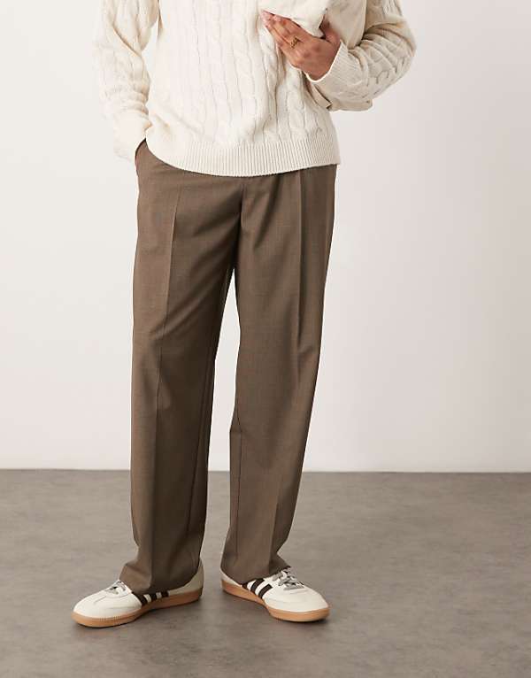 asos ASOS DESIGN smart wide leg trousers with front pleat in brown check