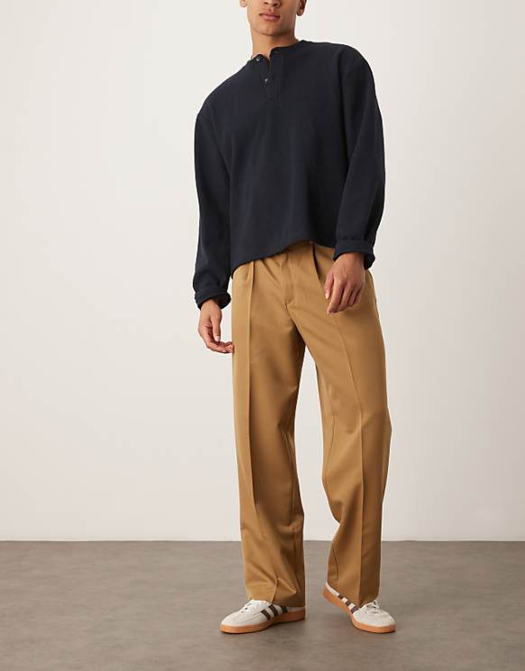 asos ASOS DESIGN smart wide leg trousers with front pleats in camel