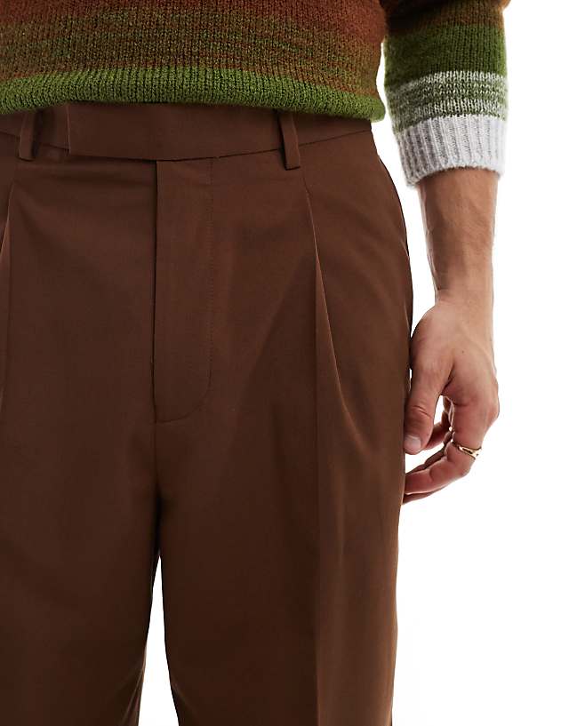 Asos ASOS DESIGN Smart Wide Leg Trousers With Front Pleat In Brown