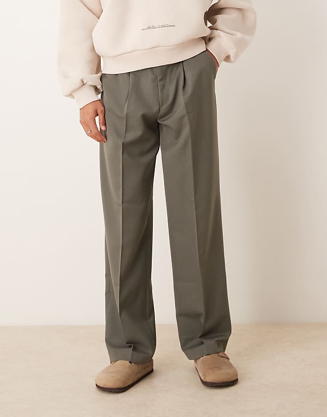 asos ASOS DESIGN smart wide leg trousers with front pleat in muted green