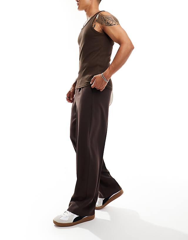 asos ASOS DESIGN smart wide leg trousers with front pleats in brown
