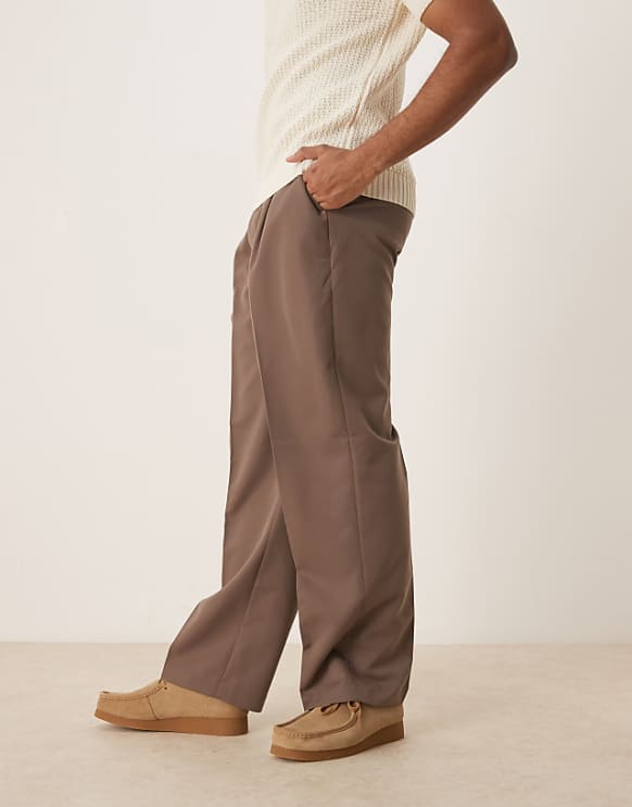 asos ASOS DESIGN smart wide leg trousers with front pleats in brown